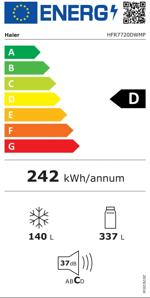Šaldytuvas Šaldytuvo derinys Haier HFR7720DWMP, 477 litrai, „No Frost“, „Air Surround“, drėgmės zona, „My Zone“, vandens dozatorius, supervėsinimas, superšaldymas, butelių lentyna, D klasė, aukštis 201 cm, nerūdijantis plienas