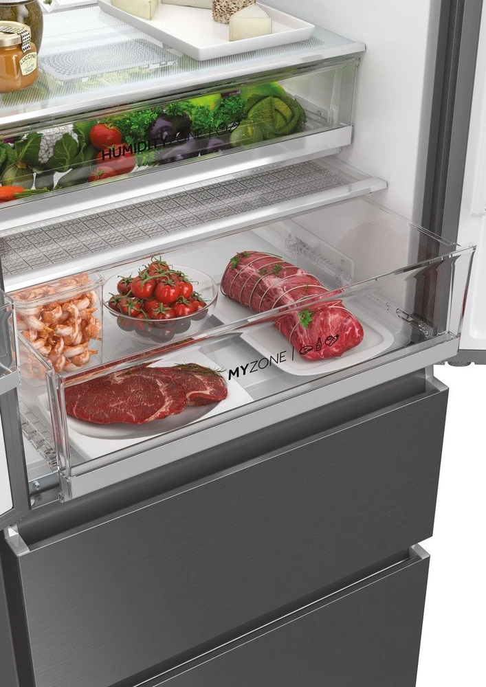 Šaldytuvas Šaldytuvo derinys Haier HFR7720DWMP, 477 litrai, „No Frost“, „Air Surround“, drėgmės zona, „My Zone“, vandens dozatorius, supervėsinimas, superšaldymas, butelių lentyna, D klasė, aukštis 201 cm, nerūdijantis plienas