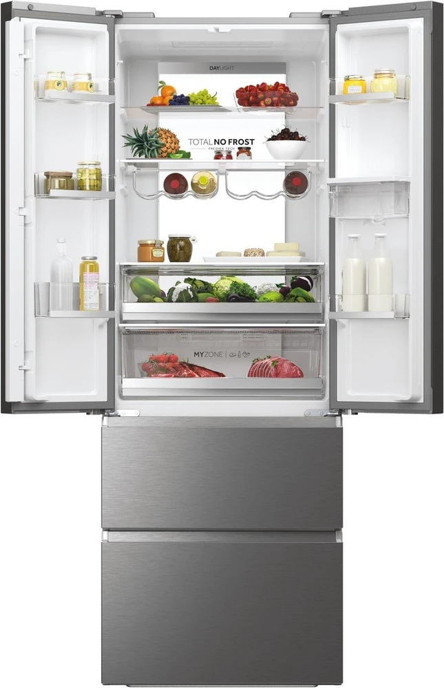 Šaldytuvas Šaldytuvo derinys Haier HFR7720DWMP, 477 litrai, „No Frost“, „Air Surround“, drėgmės zona, „My Zone“, vandens dozatorius, supervėsinimas, superšaldymas, butelių lentyna, D klasė, aukštis 201 cm, nerūdijantis plienas