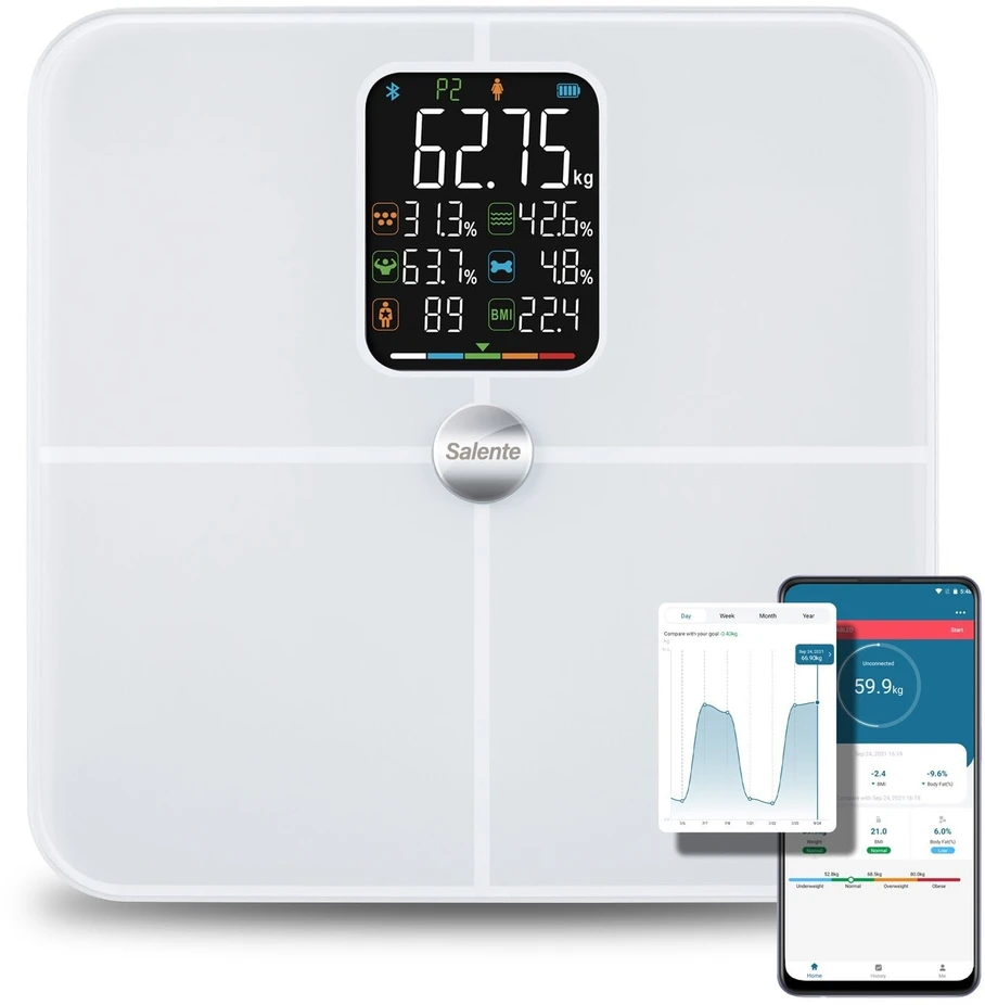 Svarstyklės Evolveo Salente BodyFit, chytrá osobní diagnostická fitness váha, Bluetooth, bílá