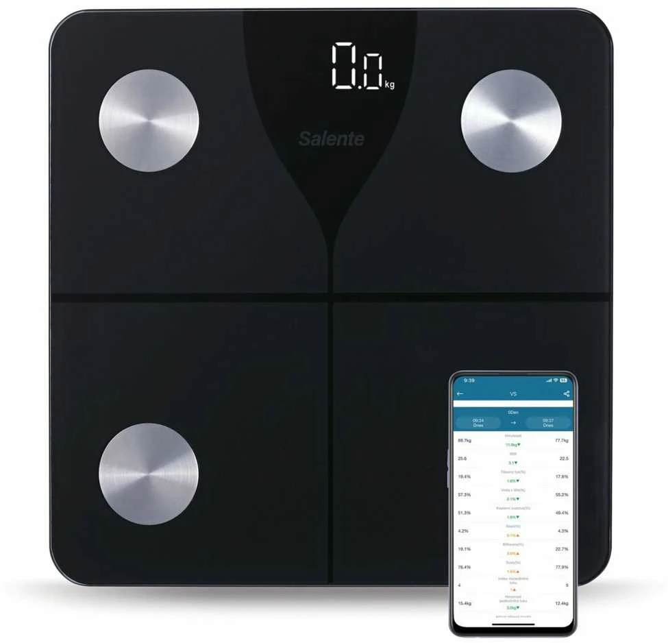 „Evolveo Salente SlimFit“ asmeninės diagnostinės fitneso svarstyklės su „Bluetooth“ ir juodos spalvos
