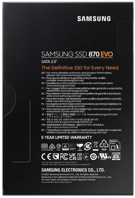 Samsung SSD | 870 EVO | 8000 GB | Solid-state drive sąsaja SATA 6 Gb/s compatible with SATA 3 Gb/s and SATA 1.5 Gb/s | Skaitymo greitis 560 MB/s | Rašymo greitis 530 MB/s