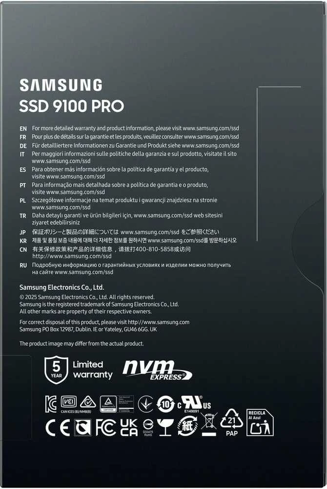 Samsung 9100 PRO | Solid state drive | 4000 GB | SSD form factor M.2 2280 | Solid-state drive sąsaja PCI Express 5.0 x4 (NVMe) | Skaitymo greitis 14800 MB/s | Rašymo greitis 13400 MB/s