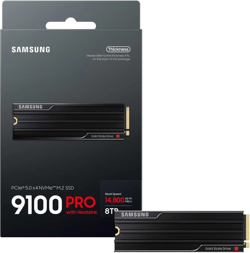 Samsung SSD | 9100 PRO With Heatsink | 8000 GB | SSD form factor M.2 2280 | Solid-state drive sąsaja PCIe 5.0 x4, NVMe 2.0 | Skaitymo greitis 14800 MB/s | Rašymo greitis 13400 MB/s