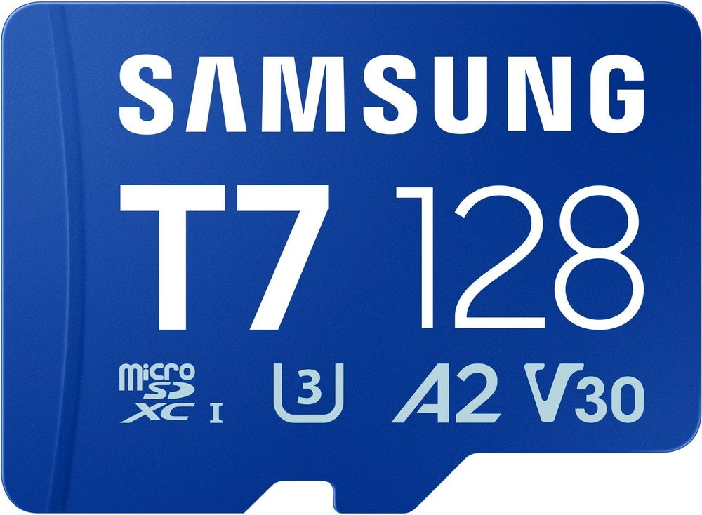 „Samsung T7 Micro SD“ atminties kortelė, 128 GB, skirta išmaniesiems telefonams, planšetiniams kompiuteriams ir nešiojamiesiems konsolėms, nuskaitymo greitis – 170 MB/s.