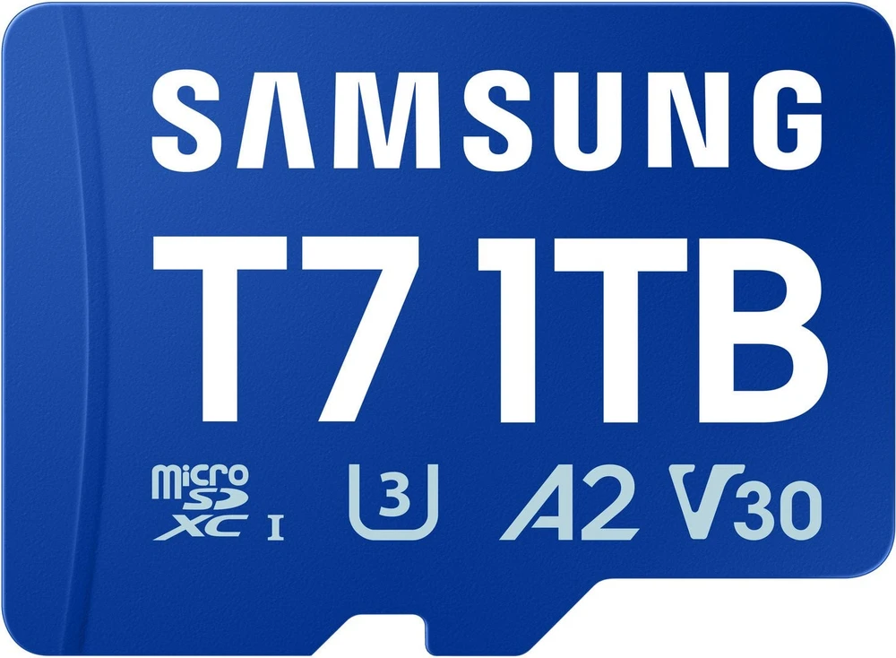„Samsung T7 Micro SD“ atminties kortelė, 1 TB, skirta išmaniesiems telefonams, planšetiniams kompiuteriams ir nešiojamiesiems konsolėms, nuskaitymo greitis – 170 MB/s.