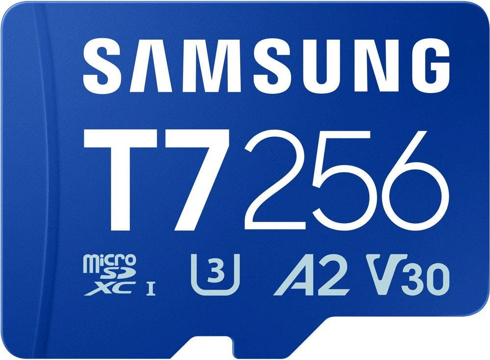 „Samsung T7 Micro SD“ atminties kortelė, 256 GB, skirta išmaniesiems telefonams, planšetiniams kompiuteriams ir nešiojamiesiems konsolėms, nuskaitymo greitis – 170 MB/s.