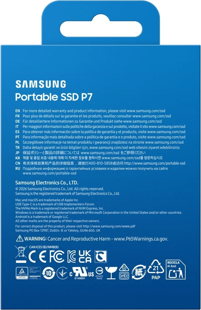 Kietasis diskas Samsung P7, 1 TB, USB Type-C, USB4 Gen 3x2, 4000 MB/s, apsauga slaptažodžiu, juoda