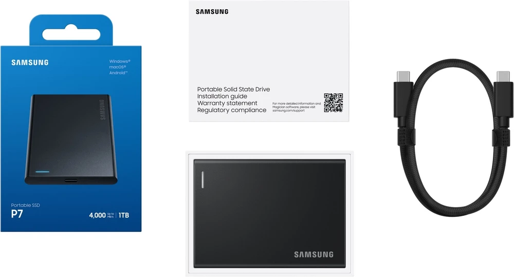 Kietasis diskas Samsung P7, 1 TB, USB Type-C, USB4 Gen 3x2, 4000 MB/s, apsauga slaptažodžiu, juoda