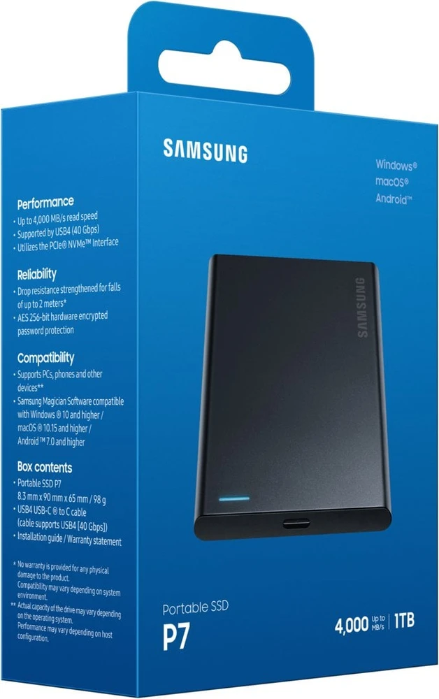 Kietasis diskas Samsung P7, 1 TB, USB Type-C, USB4 Gen 3x2, 4000 MB/s, apsauga slaptažodžiu, juoda