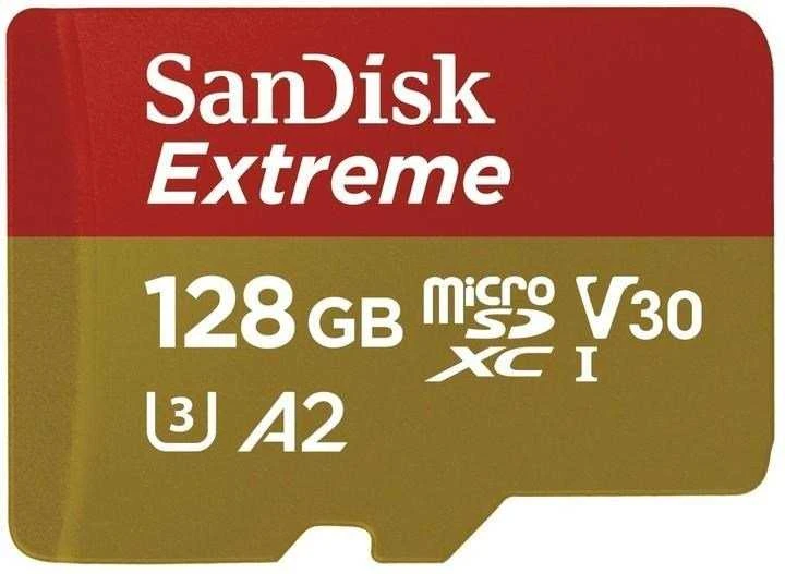 „SANDISK Extreme Micro SDXC 128GB“ veiksmo kameroms ir dronams + SD adapteris + 1 metų „RescuePRO Deluxe“ garantija iki 190 MB/s ir 90 MB/s skaitymo / rašymo greičių, A2, C10, V30, UHS-I, U3.