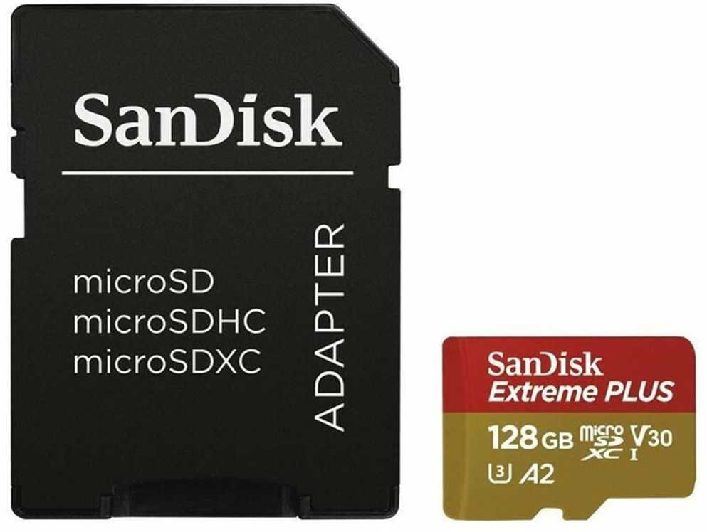 Atminties kortelė SanDisk Extreme PLUS Micro SDXC 128GB + SD adapteris + 2 metai RescuePRO Deluxe iki 200MB/s & 90MB/s Skaitymo/Rašymo greitis A2 C10 V30 UHS-I U3, EAN: 619659188986