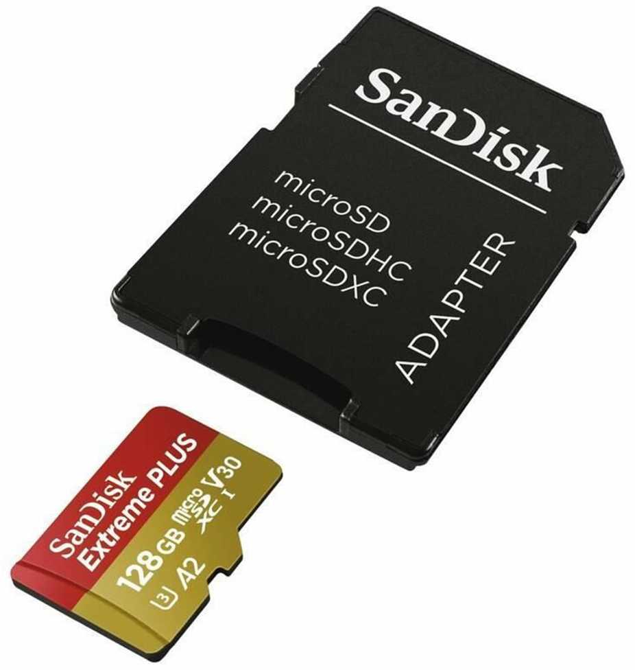 Atminties kortelė SanDisk Extreme PLUS Micro SDXC 128GB + SD adapteris + 2 metai RescuePRO Deluxe iki 200MB/s & 90MB/s Skaitymo/Rašymo greitis A2 C10 V30 UHS-I U3, EAN: 619659188986