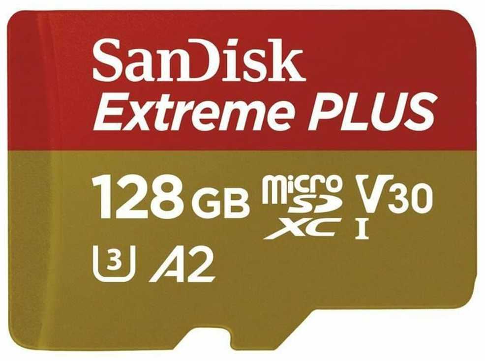 Atminties kortelė SanDisk Extreme PLUS Micro SDXC 128GB + SD adapteris + 2 metai RescuePRO Deluxe iki 200MB/s & 90MB/s Skaitymo/Rašymo greitis A2 C10 V30 UHS-I U3, EAN: 619659188986