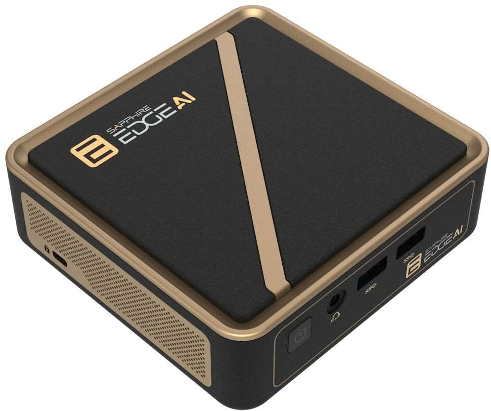 Sapphire EDGE AI 350 BAREBONE kompiuteris AMD Ryzen AI 7 350 su WIFI BT moduliu, VESA laikikliu, maitinimo adapteriu ir maitinimo laidu, be SSD ir atminties.