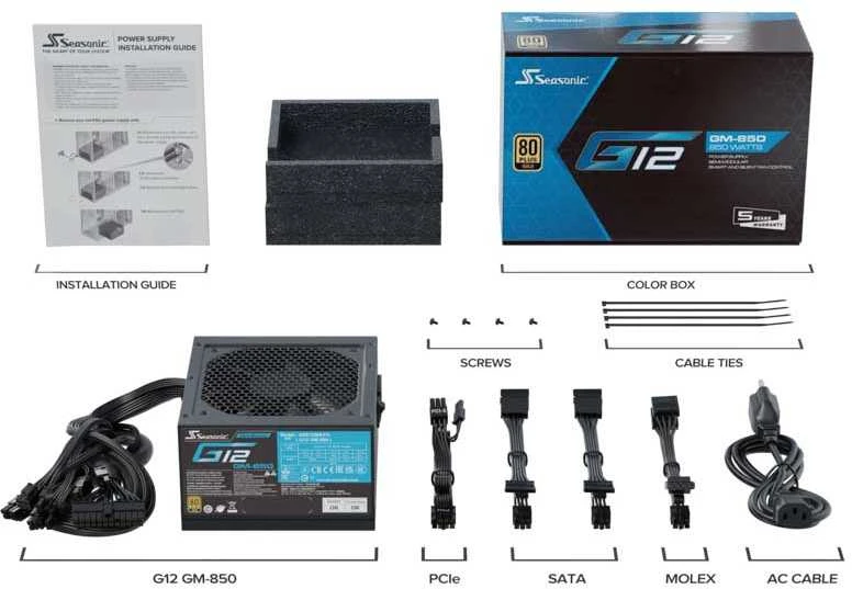 Seasonic G12 GM 80 PLUS Gold PSU, halbmodular – 850 Watt, juodos spalvos