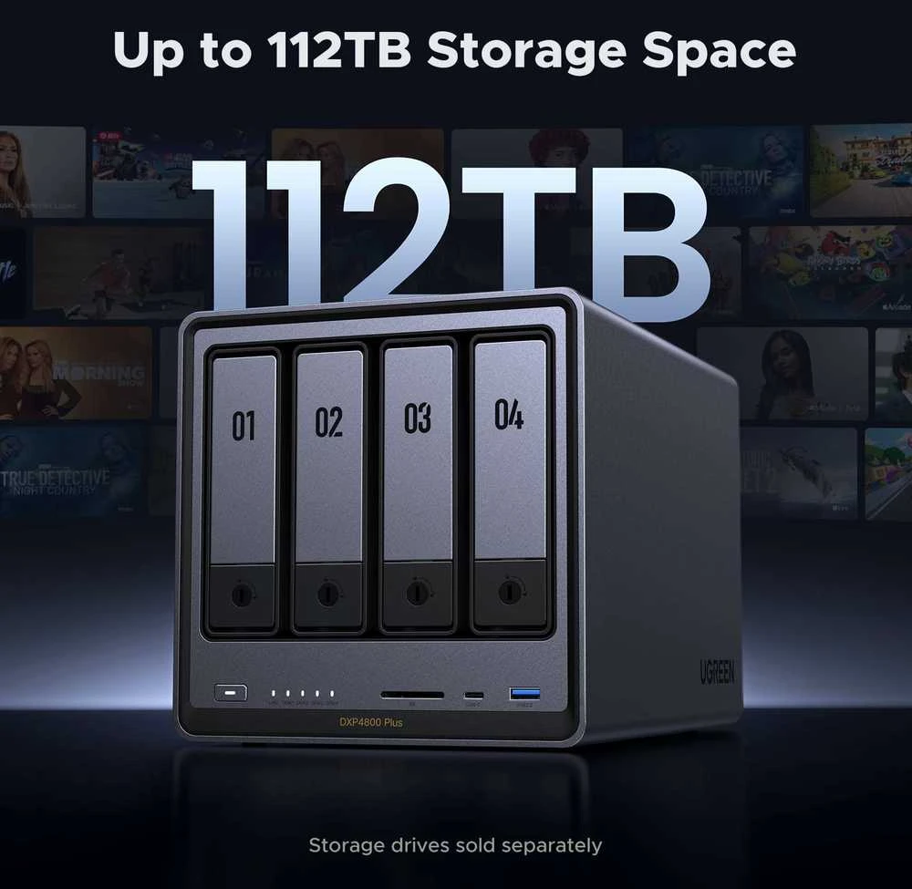 Serveris UGREEN NASync DXP4800 Plus 4 skyrių NAS 0/4 SATA, 0/2 M.2 SSD, 1 x 10 GbE + 1 x 2,5 GbE, 8 GB RAM