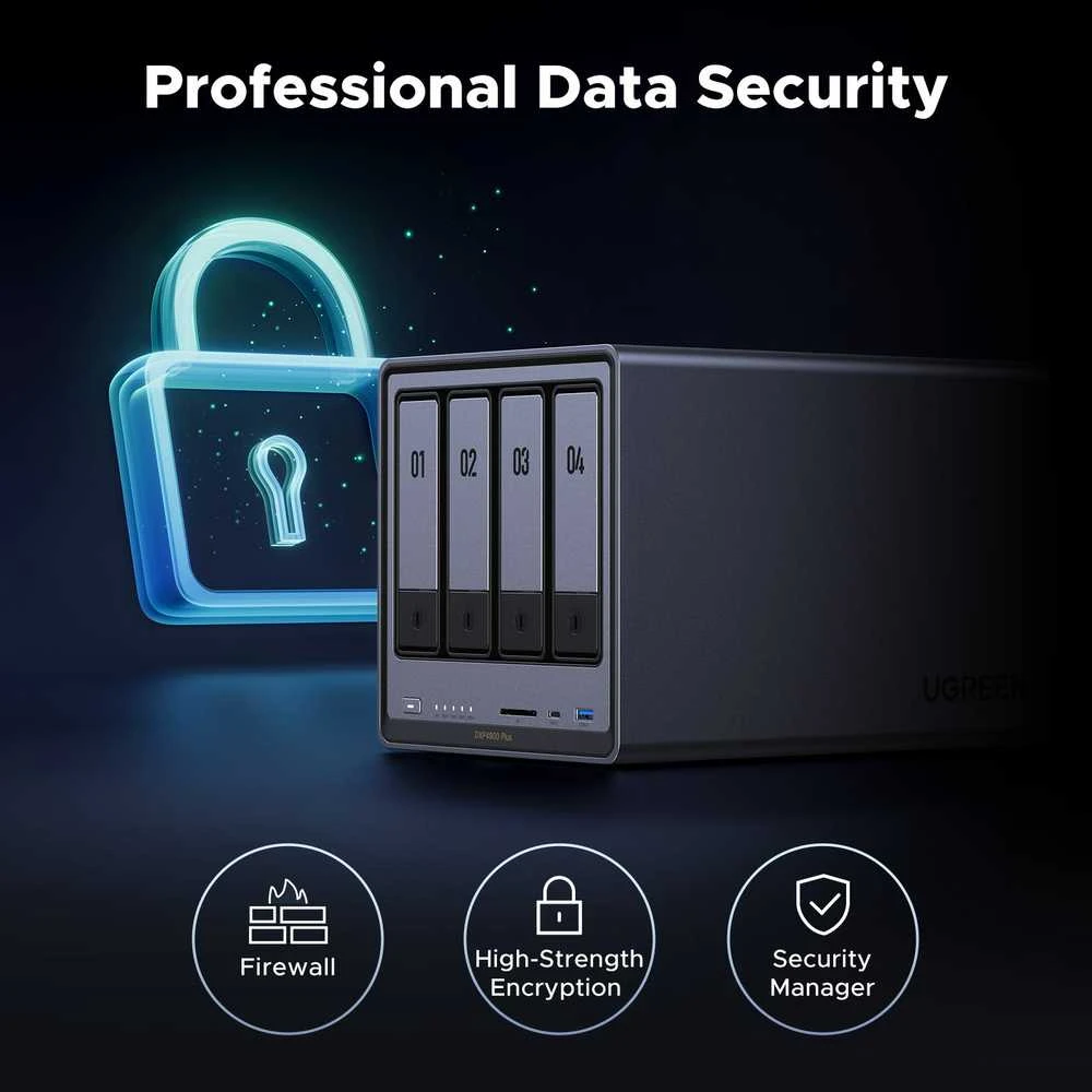 Serveris UGREEN NASync DXP4800 Plus 4 skyrių NAS 0/4 SATA, 0/2 M.2 SSD, 1 x 10 GbE + 1 x 2,5 GbE, 8 GB RAM