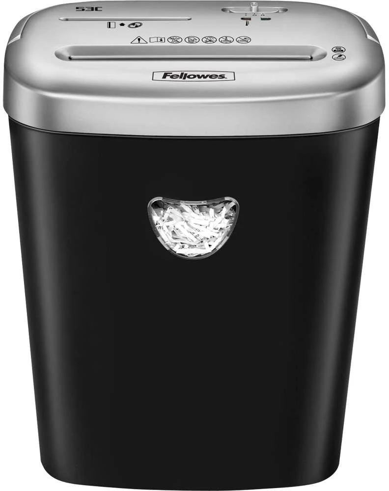 Fellowes Powershred | 53C | Juodas | 23 L | Kompaktinių diskų smulkinimas | Kreditinių kortelių smulkinimas | Popieriaus apdorojimo standartas / išvestis 10 lapų per eigą | Skersinio pjovimo smulkintuvas