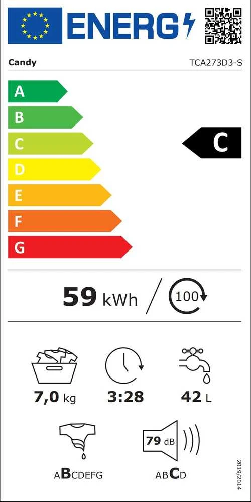 Skalbimo mašina Candy TCA273D3-S, 7 kg, 1200 rpm