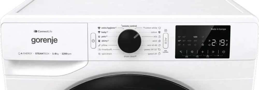 Gorenje | Skalbimo mašina | WPNEI82A1SWIFI | Energy efficiency class A | Front loading | Skalbimo talpa 8kg | 1200 RPM | Gylis 55 cm | Plotis 60 cm | Ekranas | LED | Steam function | Baltas