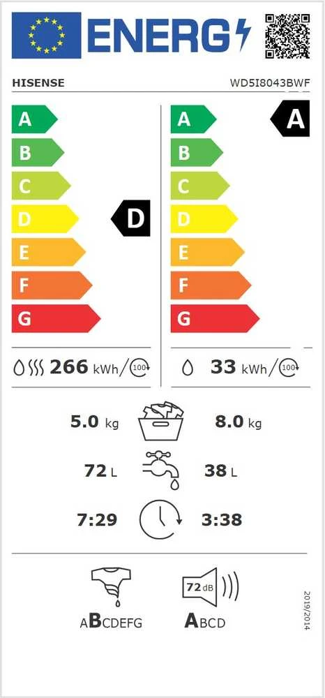 Skalbimo mašina su džiovinimo funkcija Hisense WD5I8043BWF, 8kg / 5kg