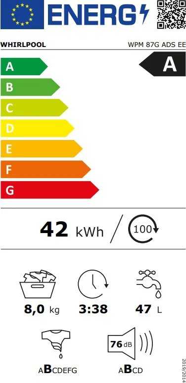 Whirlpool | Skalbimo mašina | WPM 87G ADS EE | Energy efficiency class A | Front loading | Skalbimo talpa 8kg | 1400 RPM | Gylis 55 cm | Plotis 60 cm | Ekranas | Digital | Manhattan Pilkas