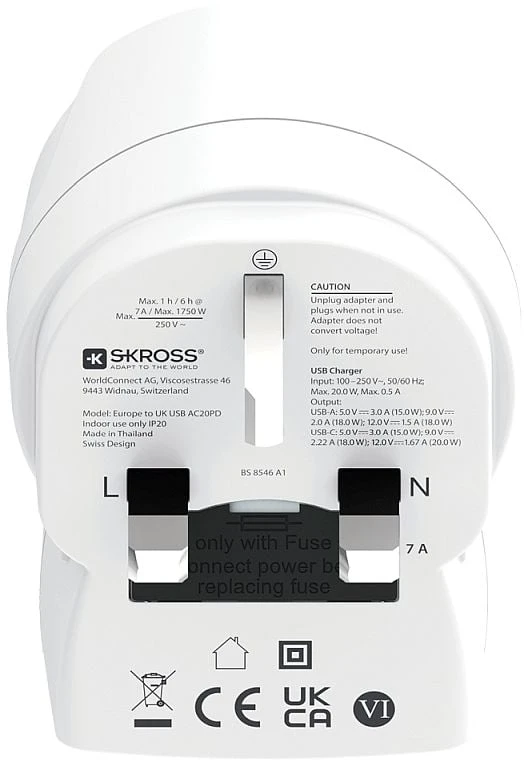 Skross adapteris UK - techninių parametrų žymėjimas