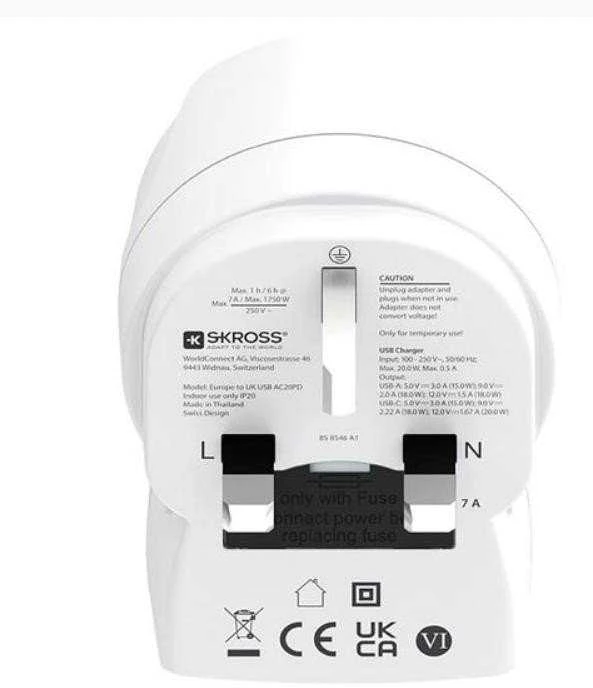 Skross Europinis adapteris su UK kištukais ir technine specifikacija