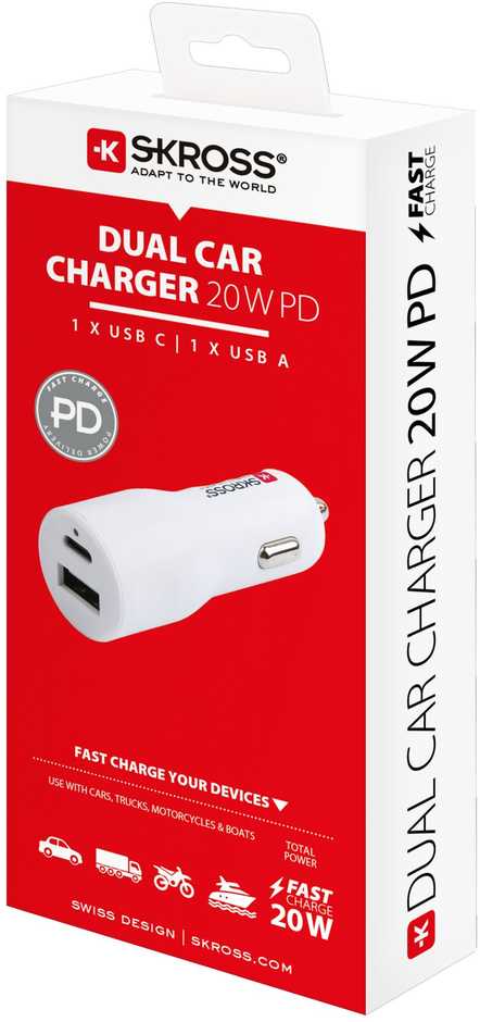 SKROSS USB A+C nabíjecí autoadaptér Dual Car Charger, 20W PD