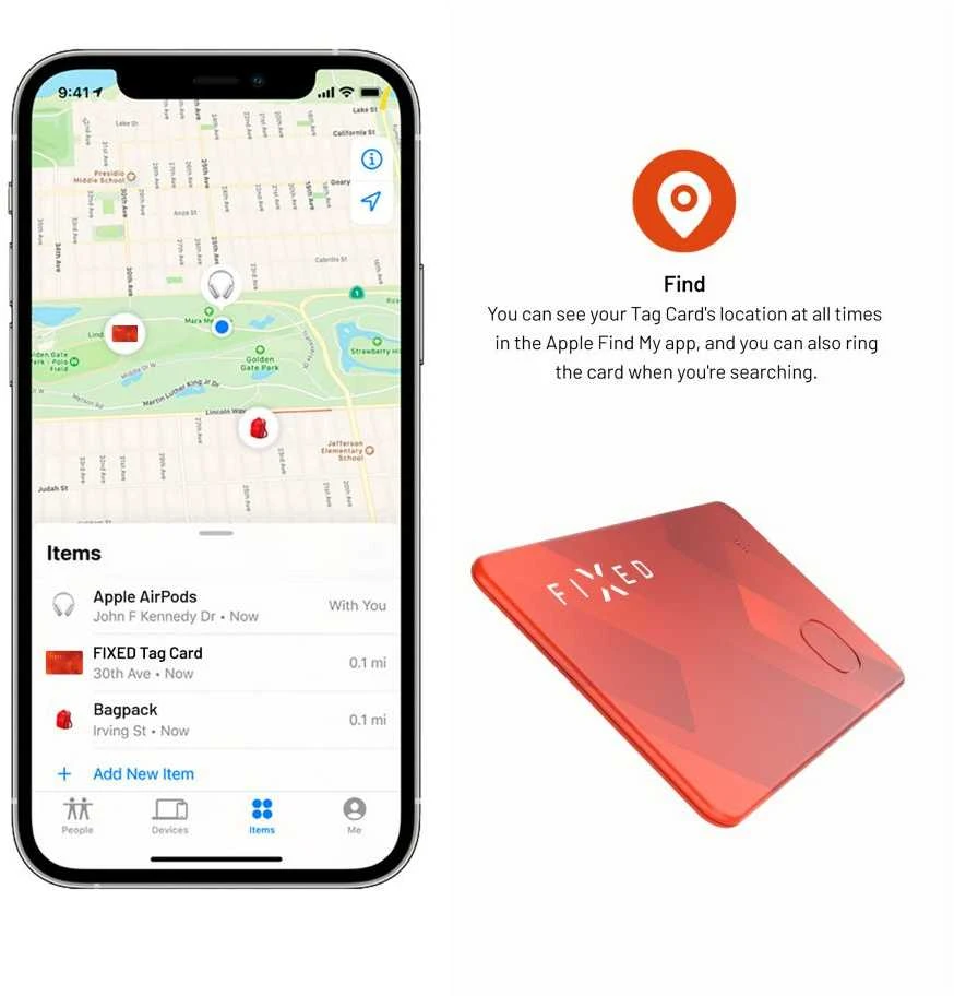 Fixed Smart tracker FIXED Tag Card su obsługą Find My, bezdrátowe nabíjenie, oranżowy