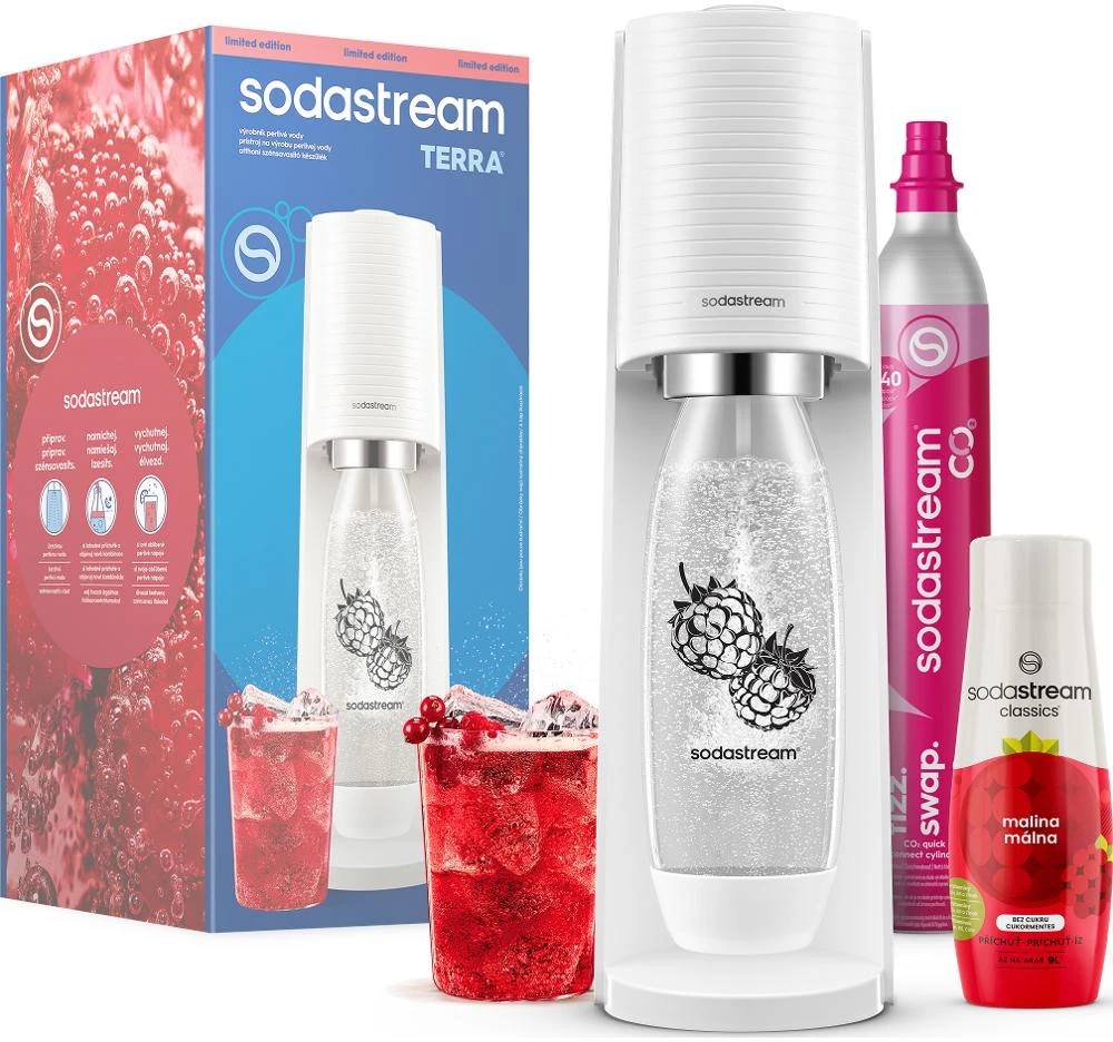 Gazuotų gėrimų gaminimo aparatas SodaStream Terra, Baltas (buteliukas + cilindras + sirupas)