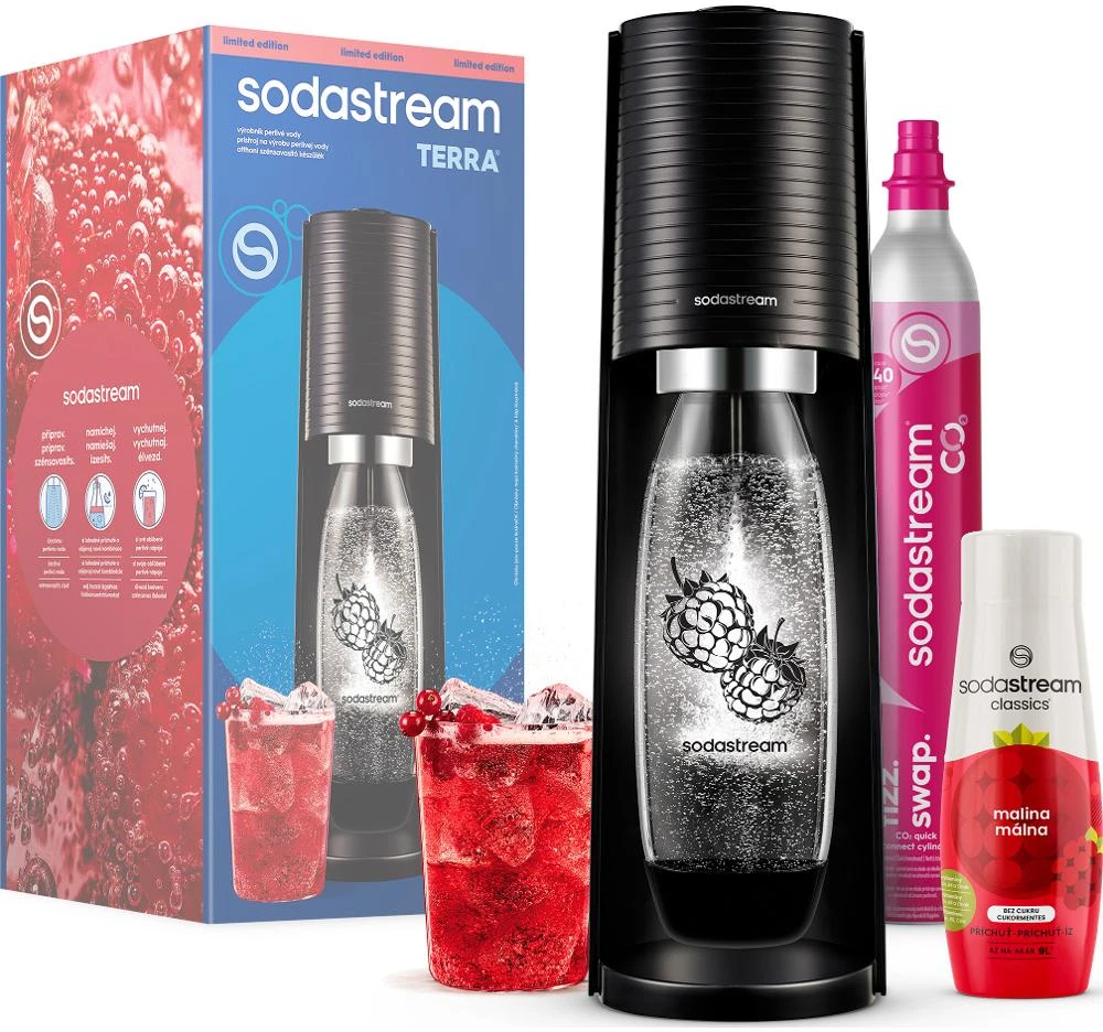 Gazuotų gėrimų gaminimo aparatas SodaStream Terra, Juodas (buteliukas + cilindras + sirupas)
