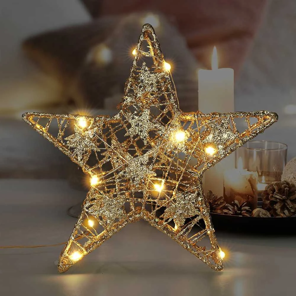 Solight kalėdinės žvaigždės blizgučiai, auksinis, metalinis, 14x LED, 2x AA