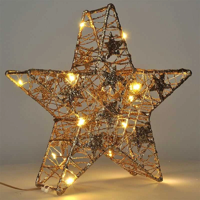 Solight kalėdinės žvaigždės blizgučiai, auksinis, metalinis, 14x LED, 2x AA