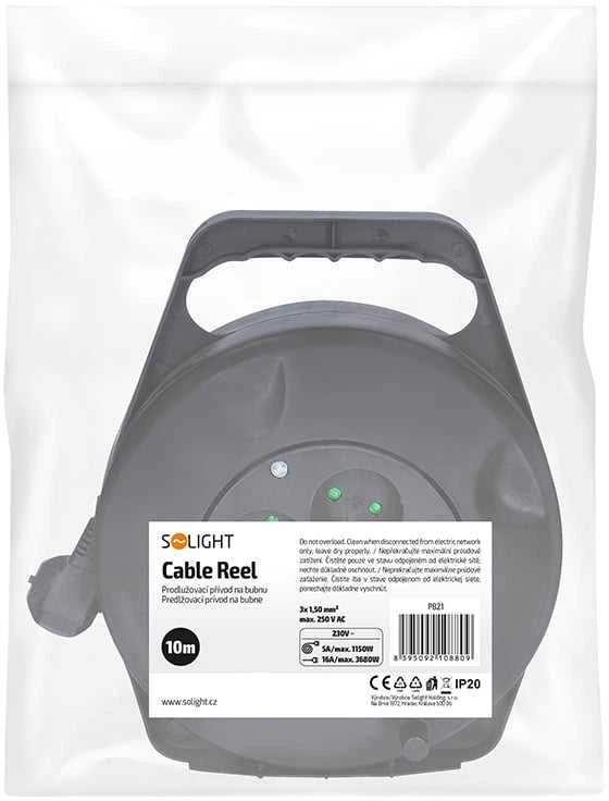 Solight Solight prailginimo laidas ant būgno, 4 lizdai, 10 m, juodas kabelis, 3x 1,5 mm2