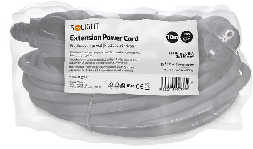 Solight prailginimo laidas - jungtis, 1 lizdas, 10m, 3 x 1,5mm2, guminis, juodas