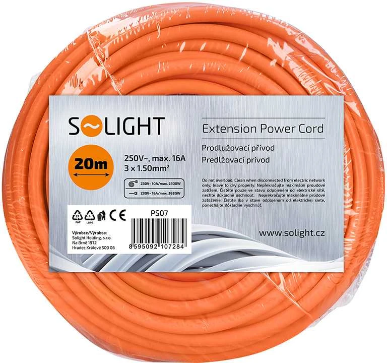 Solight prailginimo laidas - jungtis, 1 lizdas, 20m, 3 x 1,5mm2, oranžinis