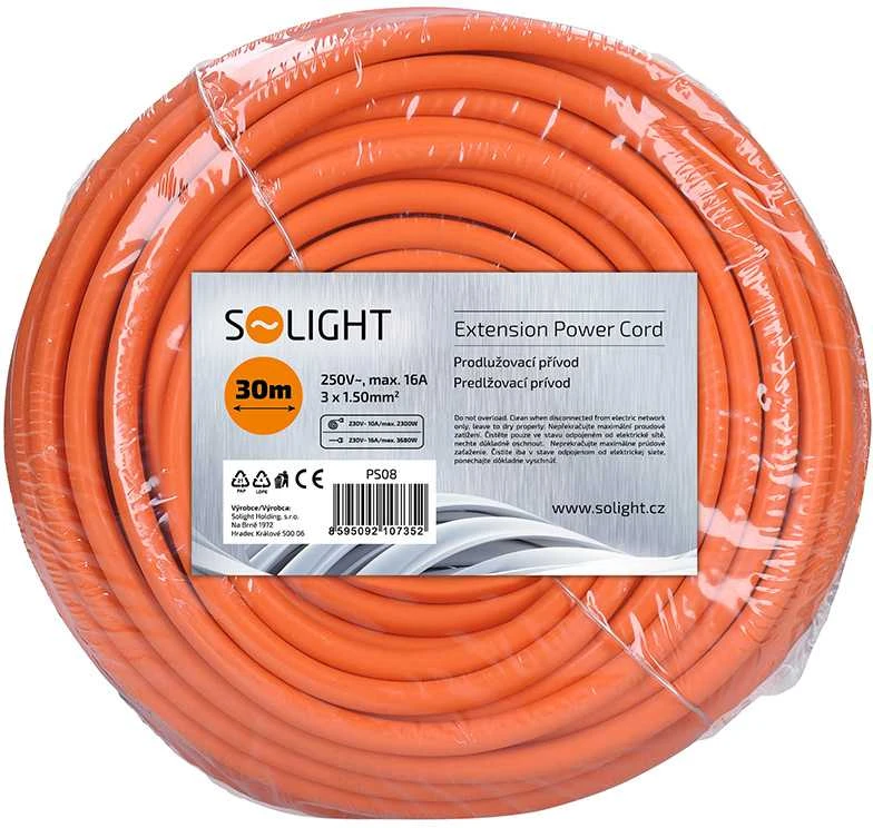 Solight prailginimo laidas - jungtis, 1 lizdas, 30 m, 3 x 1,5 mm2, oranžinis