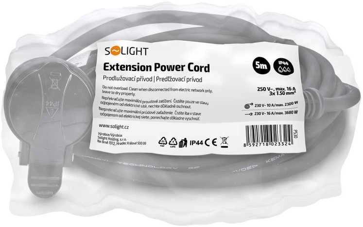 Solight prailginimo laidas - jungtis, 1 lizdas, 5m, 3 x 1,5mm2, guminis, juodas