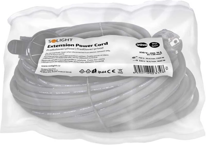 Solight prailginimo laidas - jungtis, 1 lizdas, 30m, 3 x 1,5mm2, guminis, juodas
