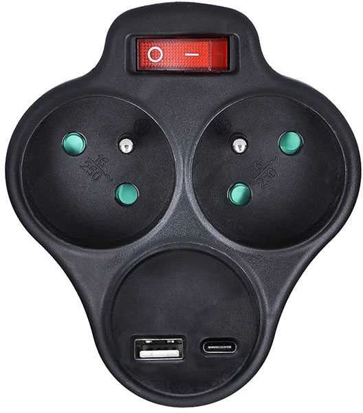 „Solight“ šakotuvas su USB A+C greituoju įkrovikliu, 20 W, PD, 2 x 10 A, juodas, su jungikliu