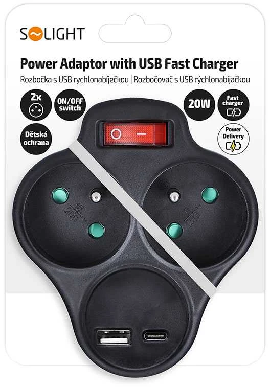 „Solight“ šakotuvas su USB A+C greituoju įkrovikliu, 20 W, PD, 2 x 10 A, juodas, su jungikliu