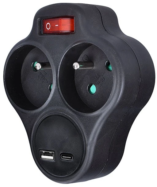 „Solight“ šakotuvas su USB A+C greituoju įkrovikliu, 20 W, PD, 2 x 10 A, juodas, su jungikliu