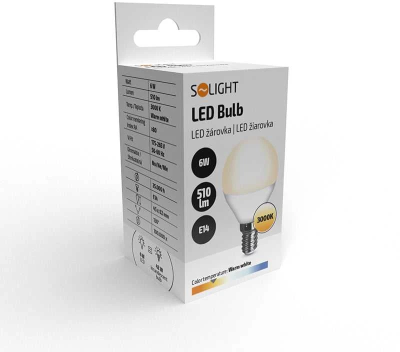 Solight LED lemputė, mini gaublys, 6W, E14, 3000K, 510lm, baltas