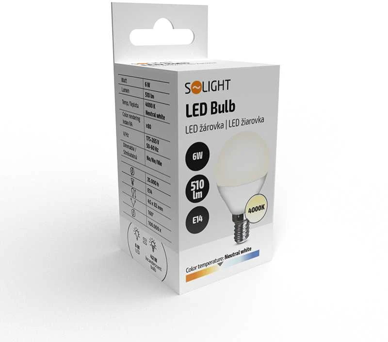 Solight LED lemputė, miniglobėlis, 6W, E14, 4000K, 510lm, baltas