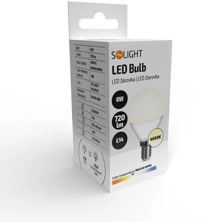 Solight LED lemputė, mini gaublys, 8W, E14, 4000K, 720lm, baltas