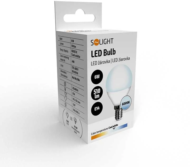 Solight LED lemputė, mini gaublys, 6W, E14, 6000K, 510lm