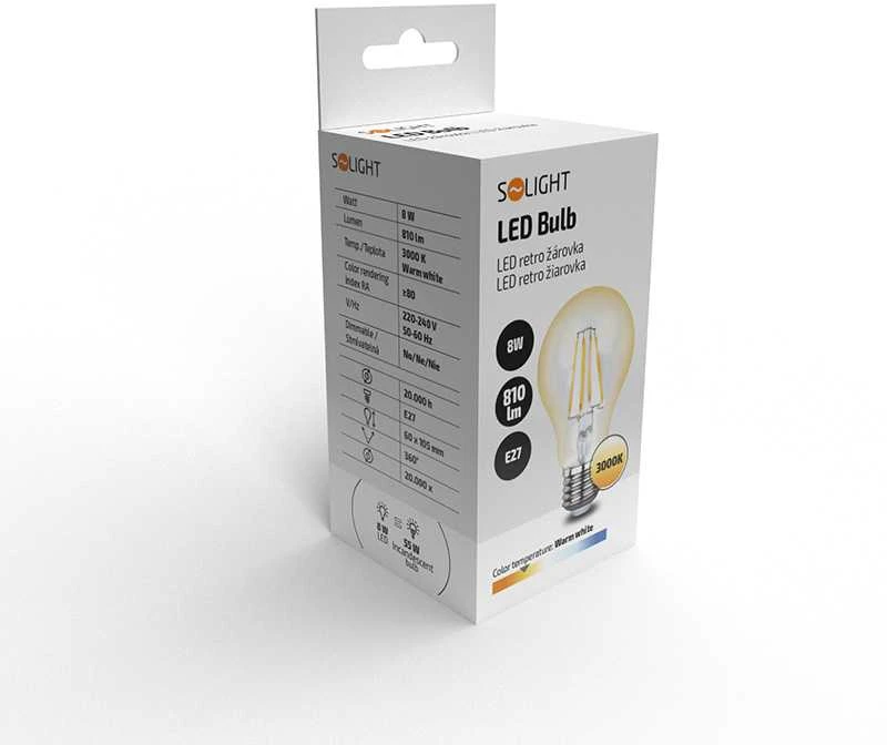 Solight LED lemputė retro, klasikinė forma, 8W, E27, 3000K, 360°, 810lm