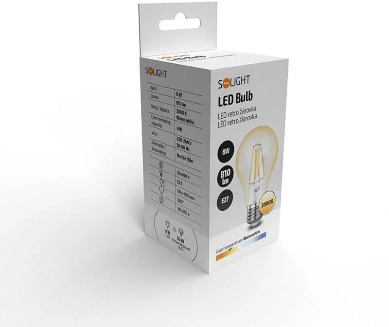 Solight LED lemputė retro, klasikinė forma, 8W, E27, 3000K, 360°, 810lm